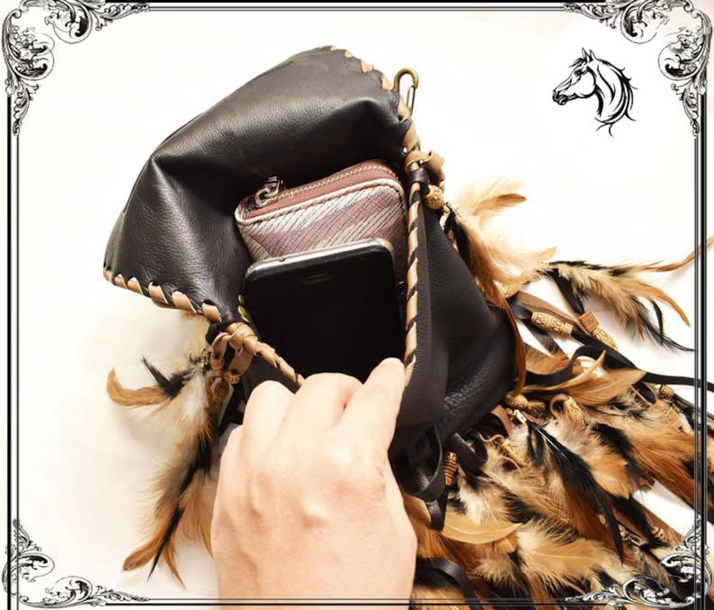 Black Leather Belt Bag, feather Shaman pouch