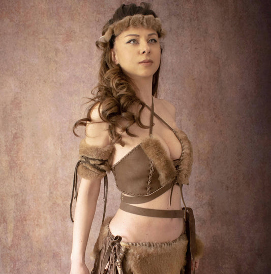 Leather & fur Barbarian Bra Top: Primitive Tribal Warrior Costume