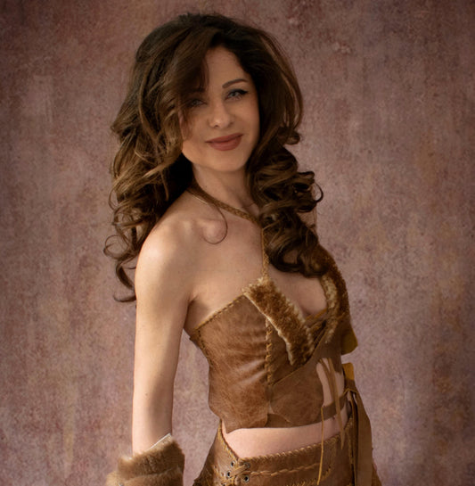 Leather & Sheepskin Fur Halter Top: Wrap-Around Braided bra top Corset