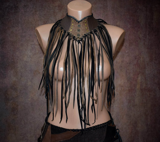 Fringed Leather Choker: Viking Warrior Gorget, Cosplay Collar