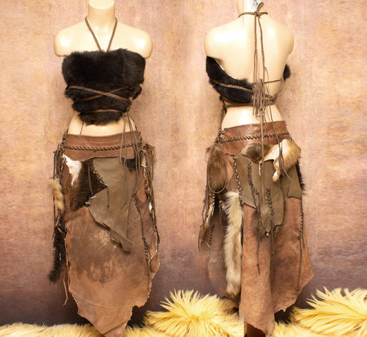 Leather & Fur tribal Skirt: Prehistoric Primitive Style skirt
