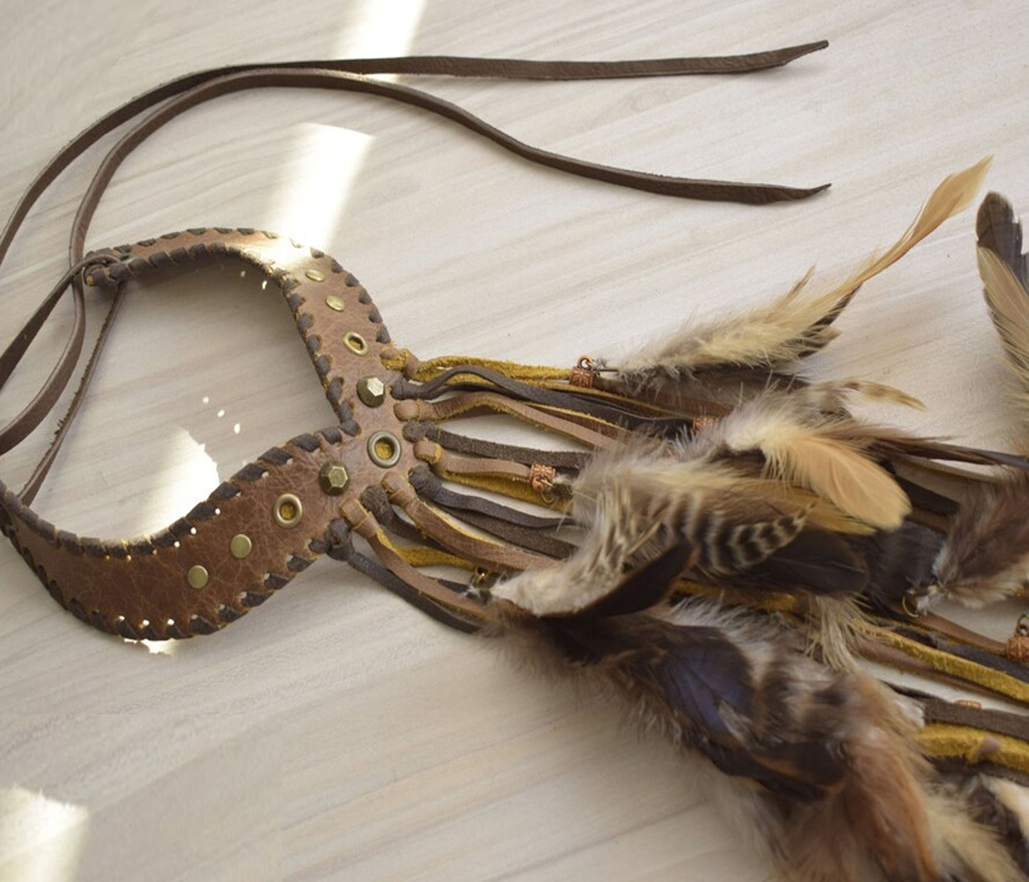 Soft Tribal feather choker, Viking fringe scarf, warrior gorget, shaman choker