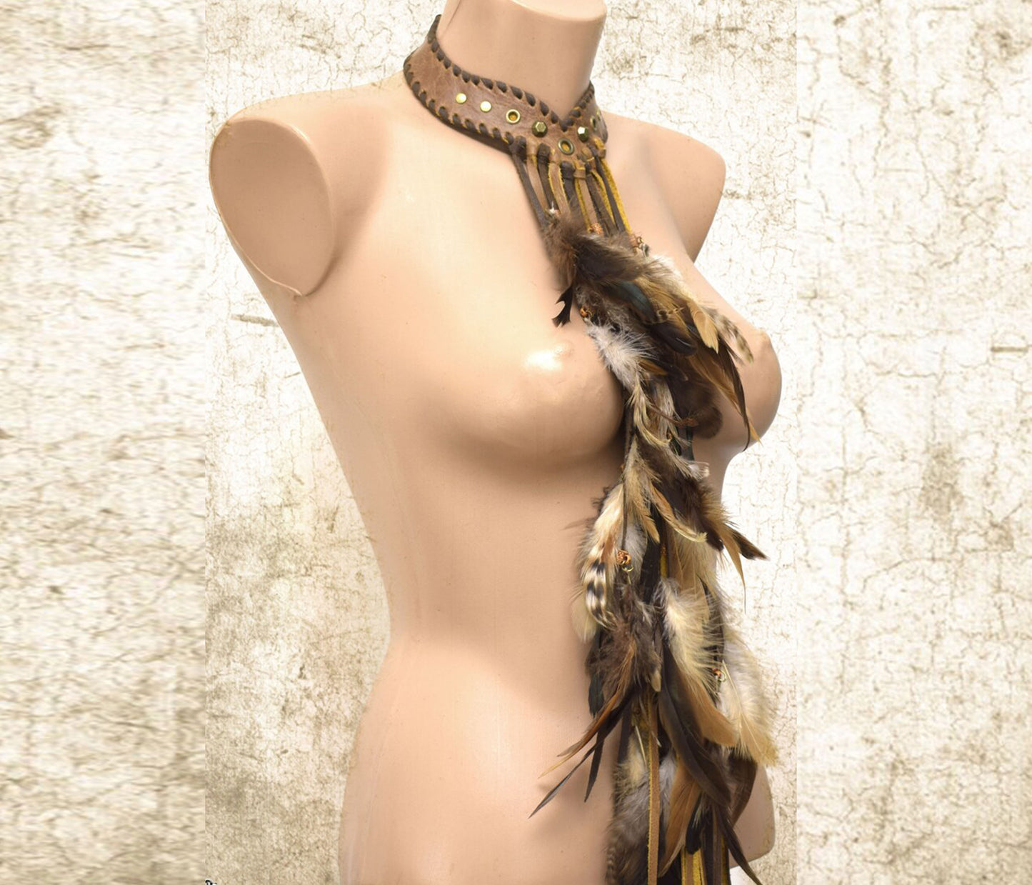 Soft Tribal feather choker, Viking fringe scarf, warrior gorget, shaman choker