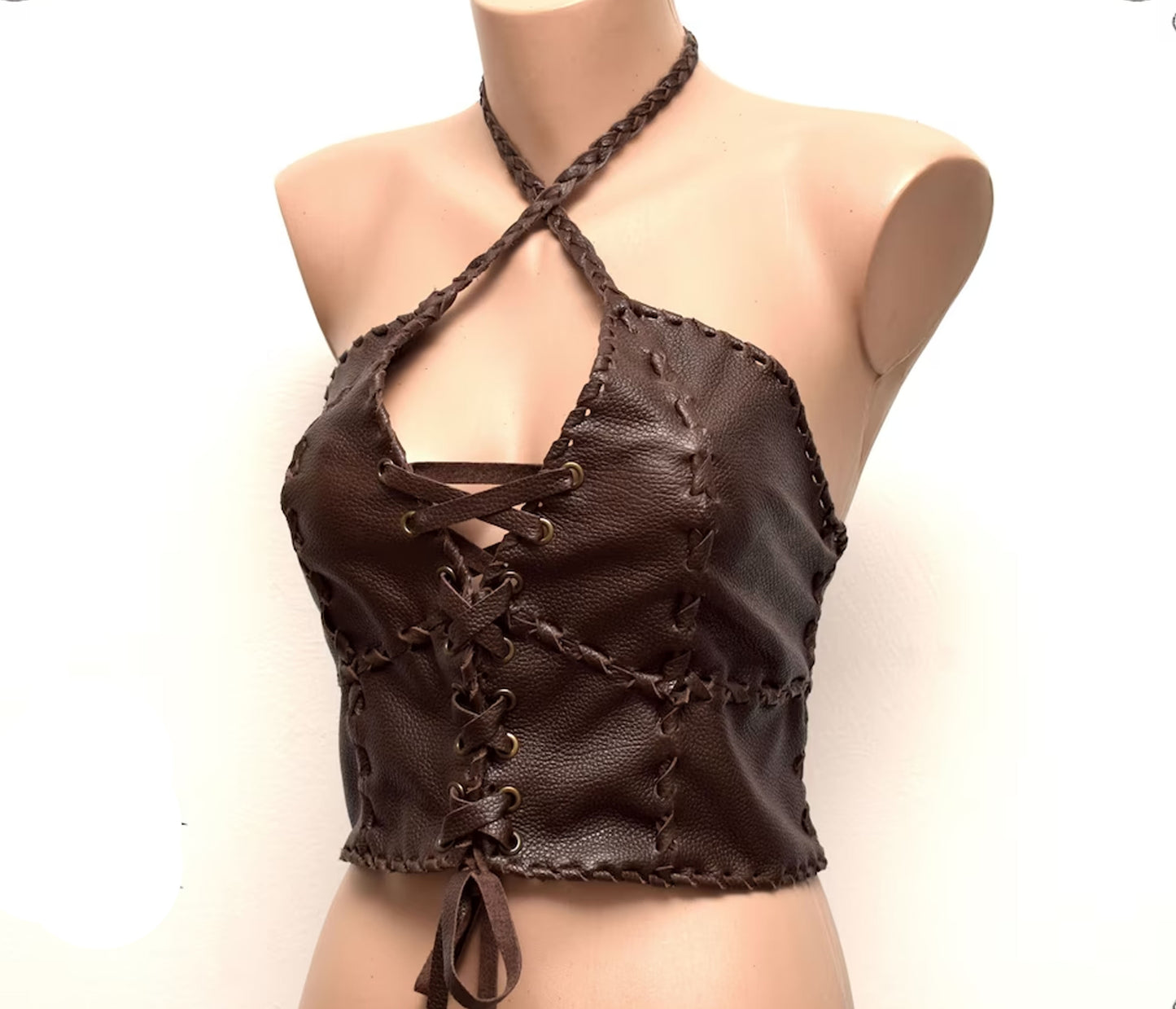 Burning man Leather halter bra top, Festival leather shirt