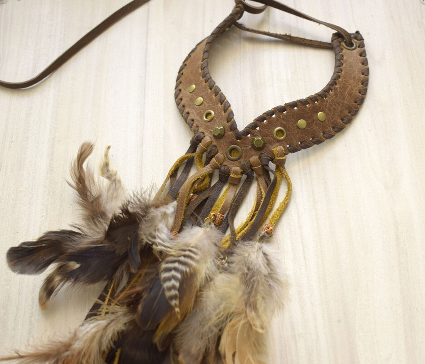 Soft Tribal feather choker, Viking fringe scarf, warrior gorget, shaman choker