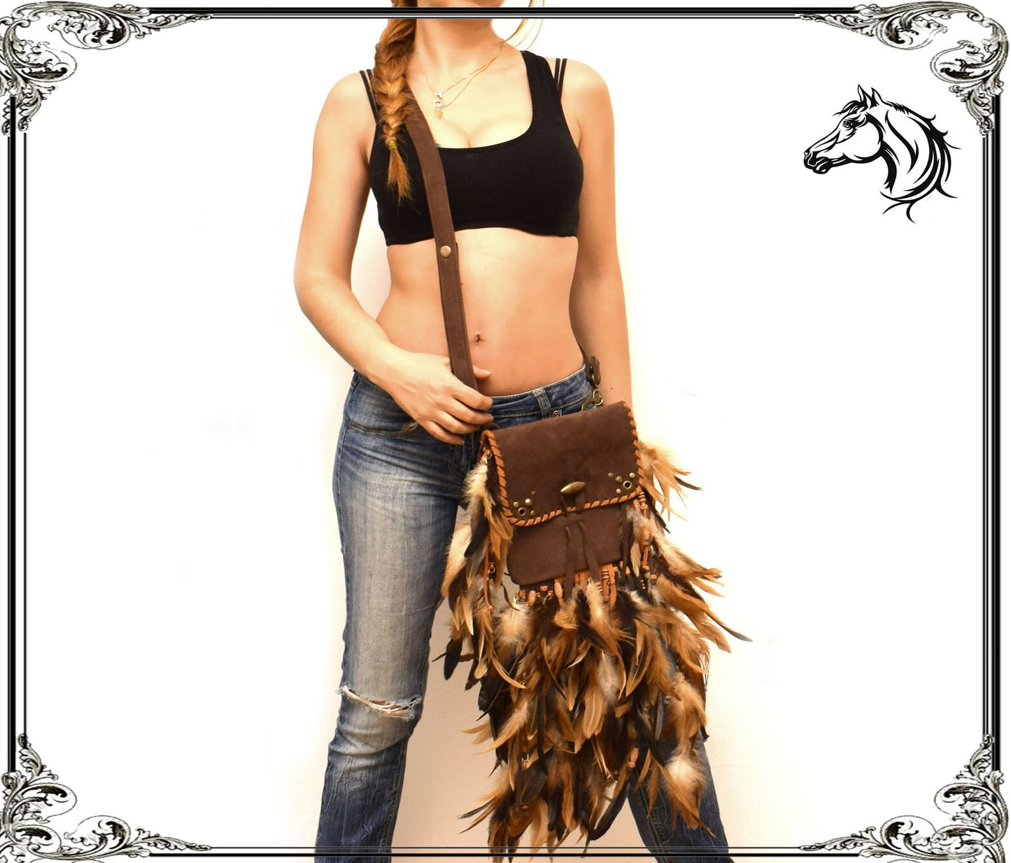 Tribal Leather Feather Fringe Bag Shaman Style