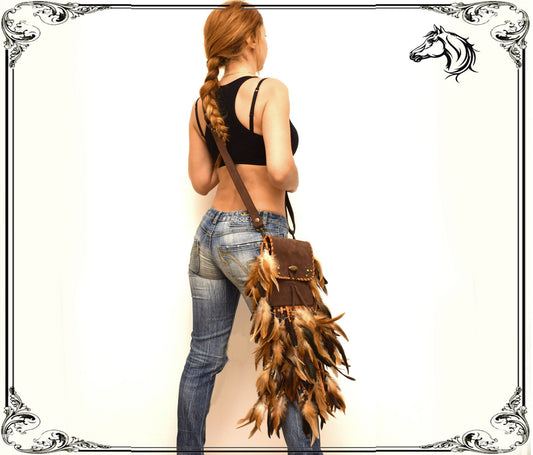 Tribal Leather Feather Fringe Bag Shaman Style