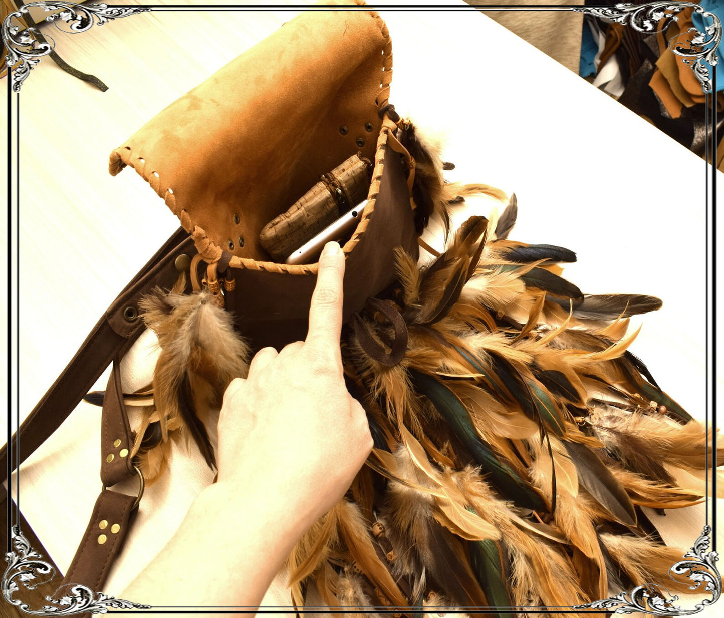 Tribal Leather Feather Fringe Bag Shaman Style