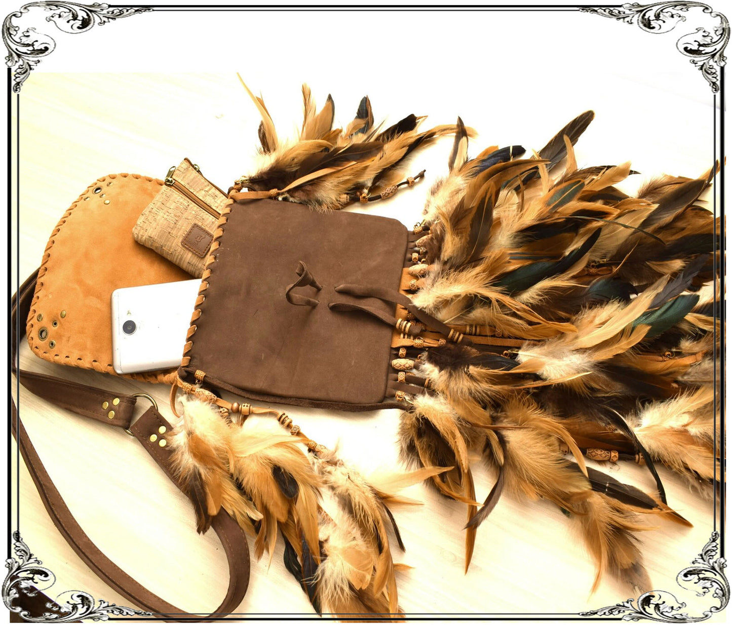 Tribal Leather Feather Fringe Bag Shaman Style
