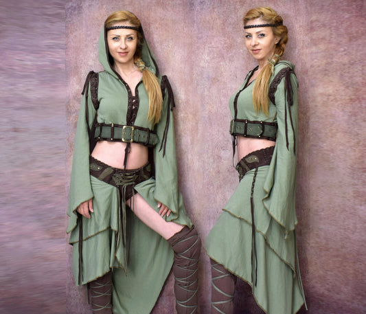 Elven full costume, green fairy top and over skirt, LOTR, cosplay elf costume, hooded top