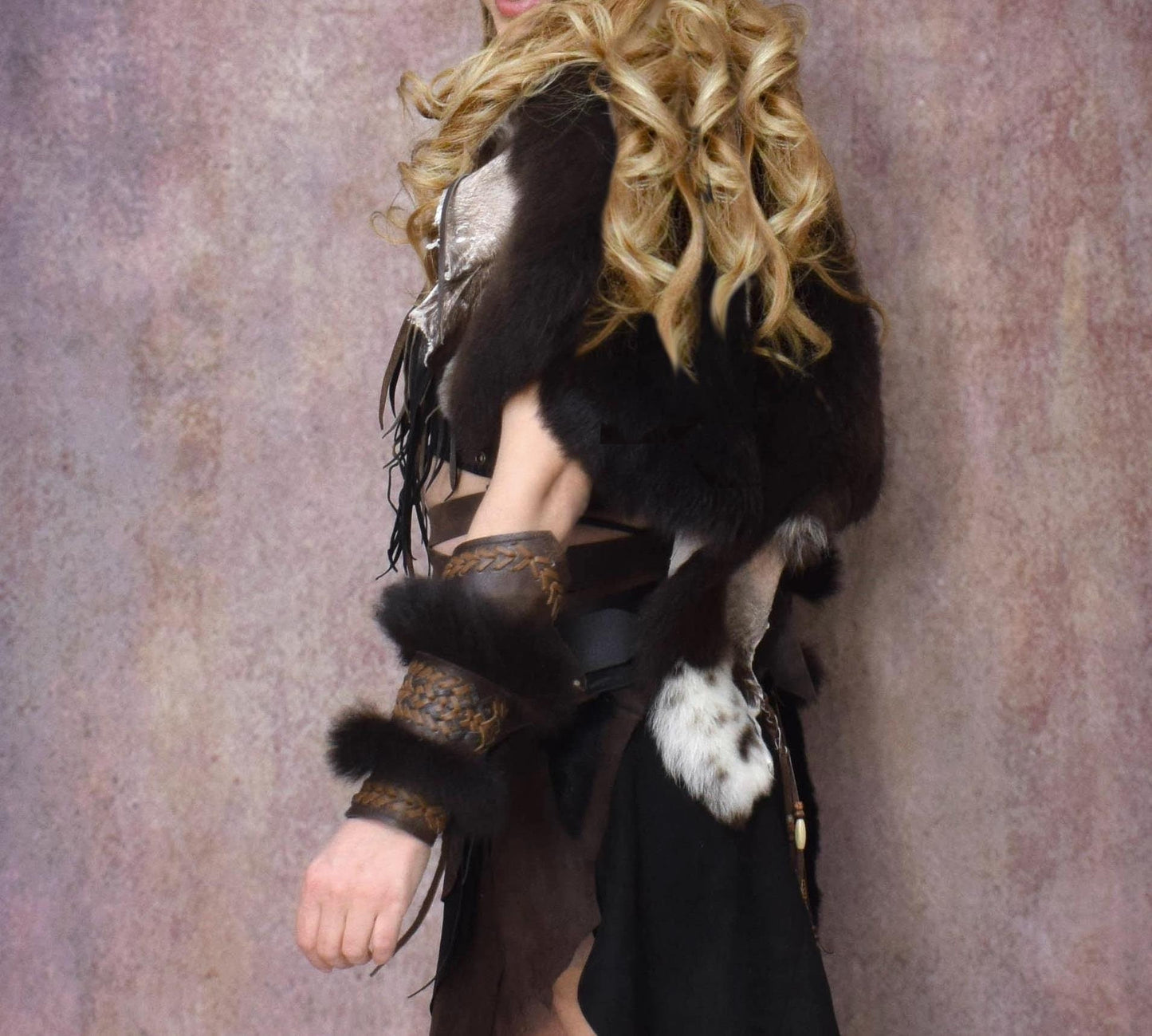 Leather Fur Viking Bracers: Medieval Arm Cuffs (Pair)