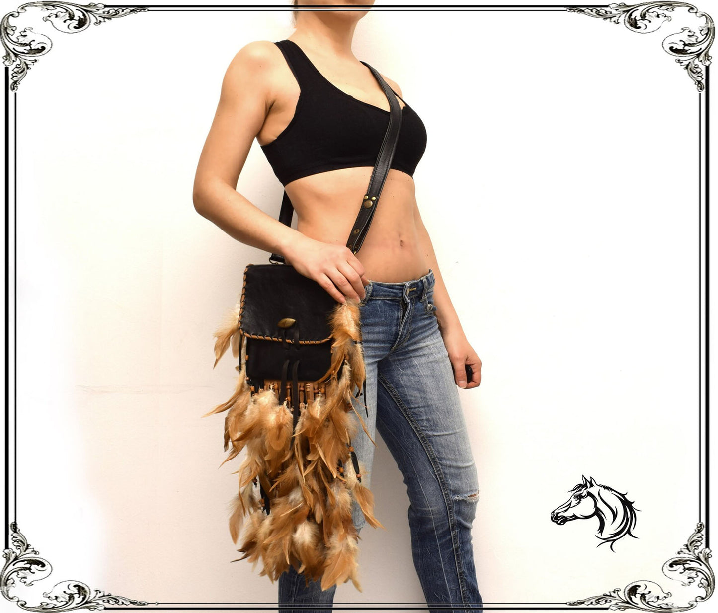 Black Leather Belt Bag, feather Shaman pouch
