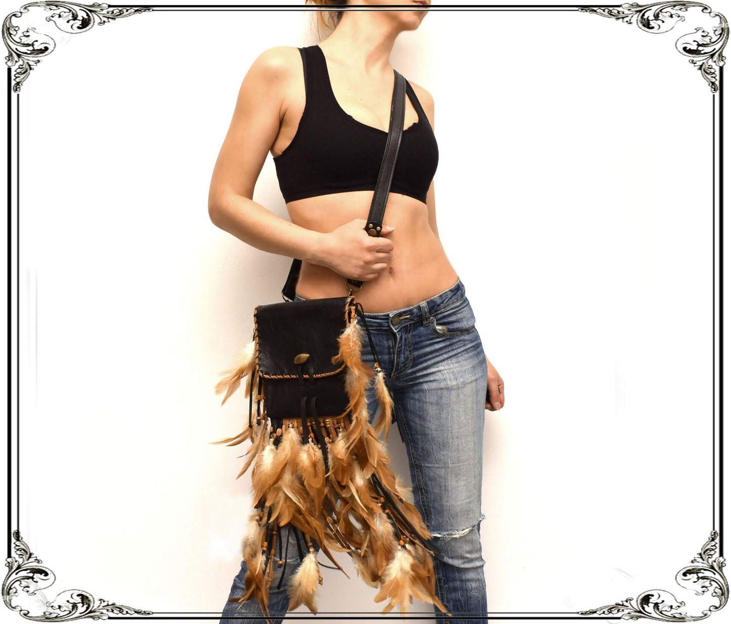 Black Leather Belt Bag, feather Shaman pouch