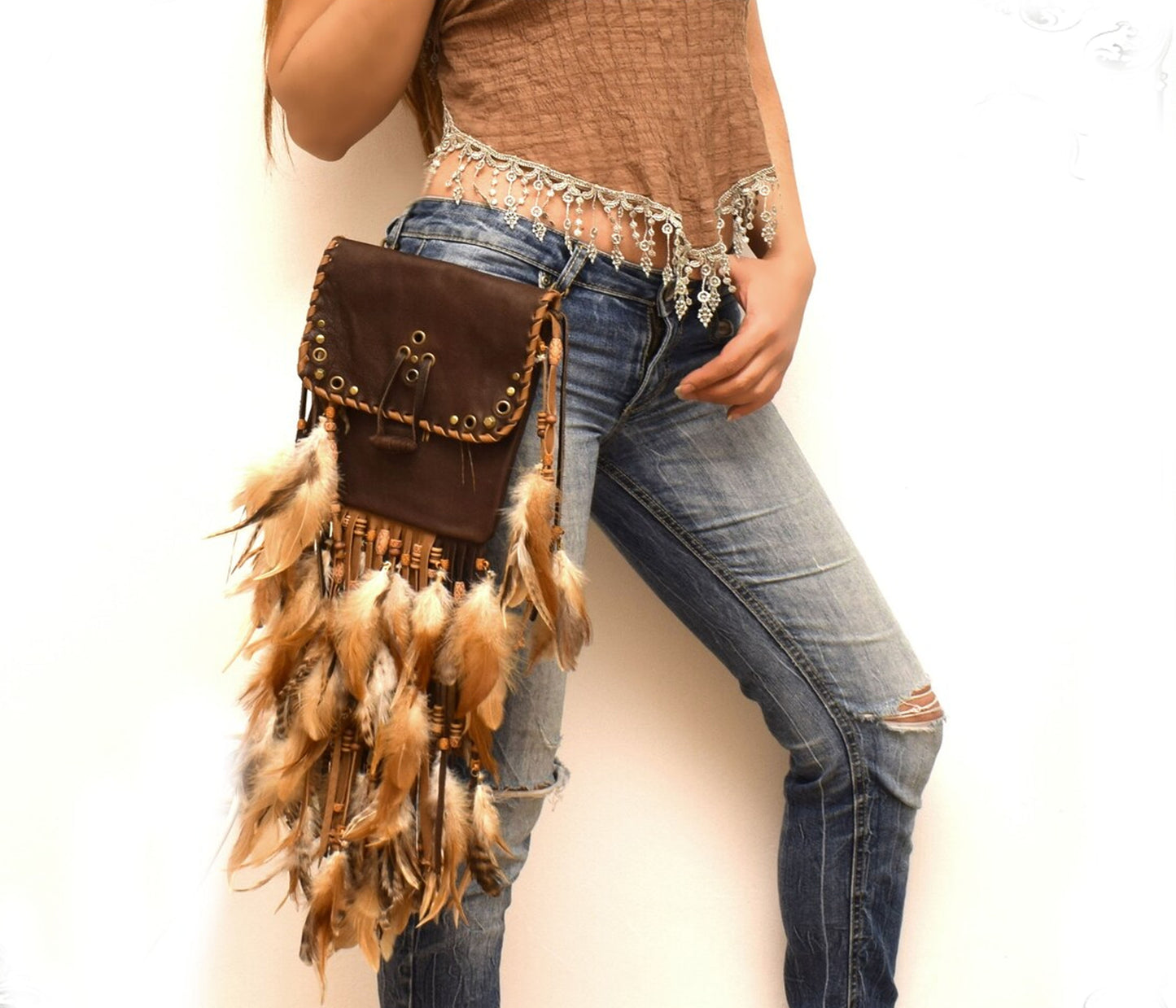 Shamanic Dark Brown leather bag, feather fringed bag, shoulder,  hip clip utility bag