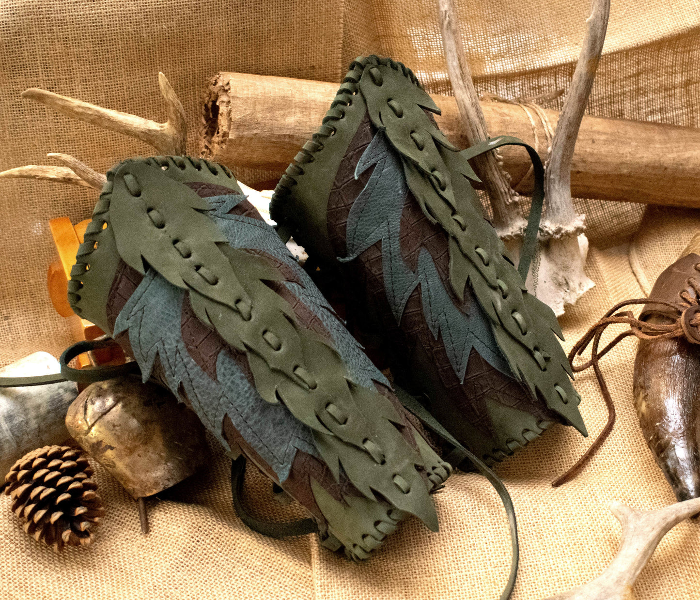 Solid Forest leaves vambraces, elf warrior Leather cuffs, wrist covers