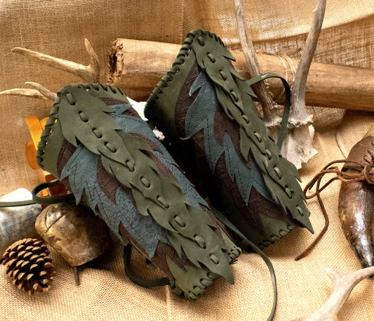 Forest leaves vambraces, elf warrior Leather cuffs, wrist covers