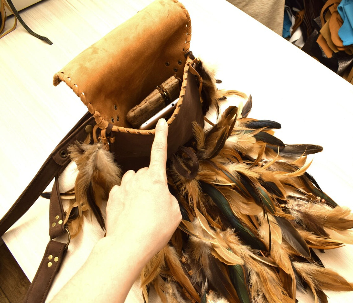 Shoulder Brown leather bag, feather fringed bag, shaman tribal hip clip bag