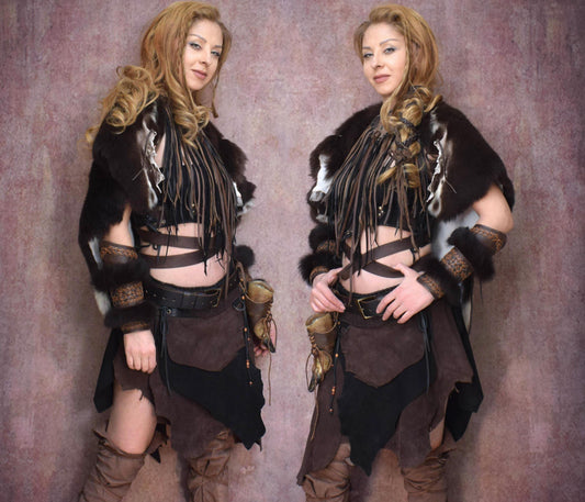 Amazing Whole Viking set, cosplay Leather fur barbaric skirt, natural fur cape, leather choker