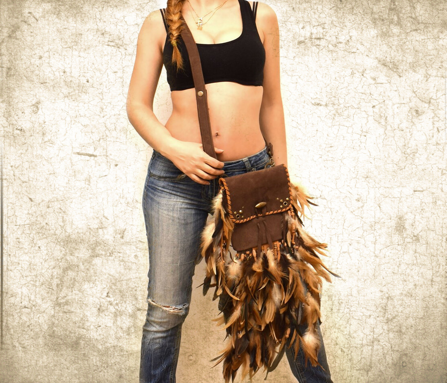 Shoulder Brown leather bag, feather fringed bag, shaman tribal hip clip bag