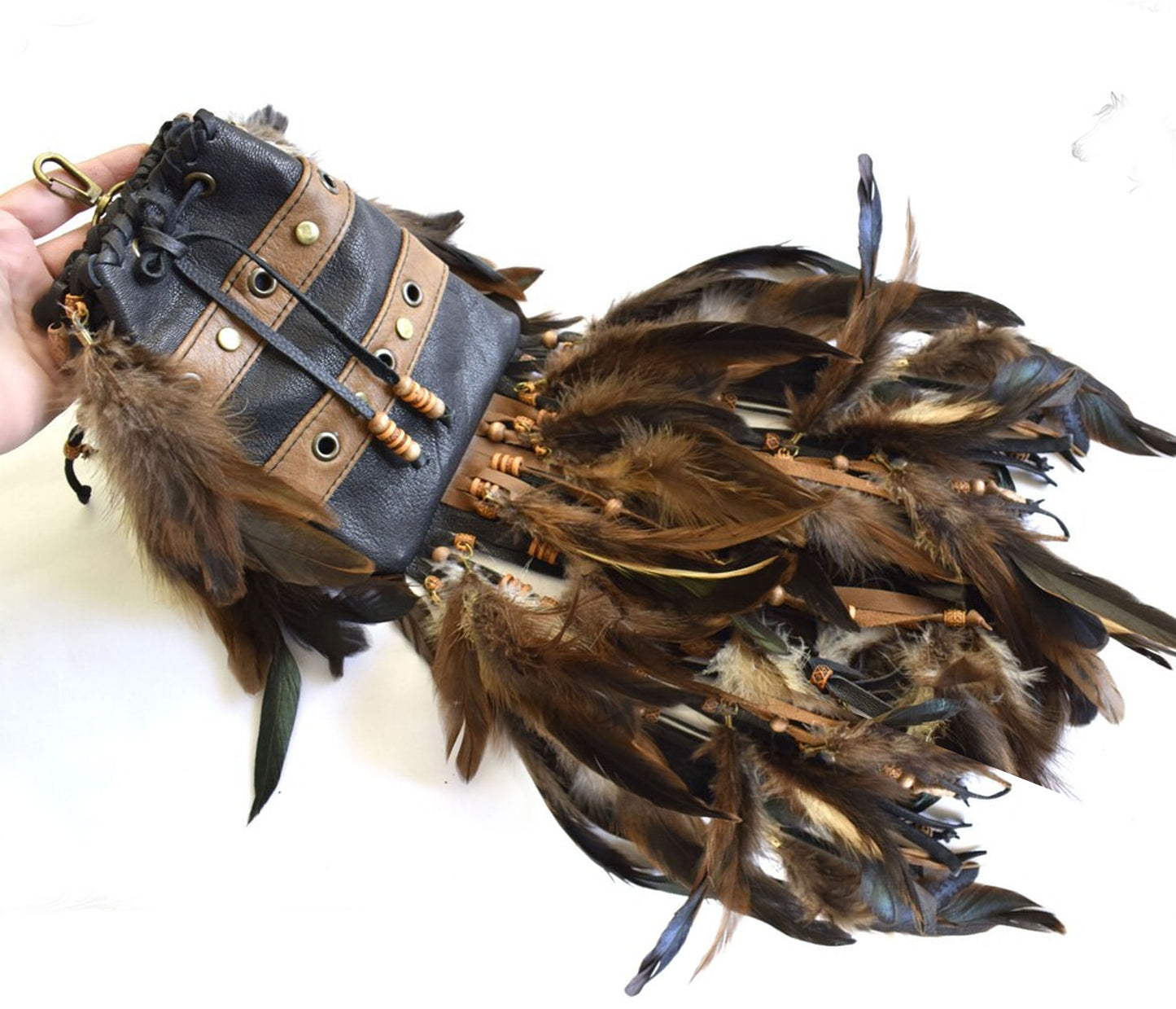 Shaman Small Drawstring belt pouch with feathers, leather belt dancing pouch