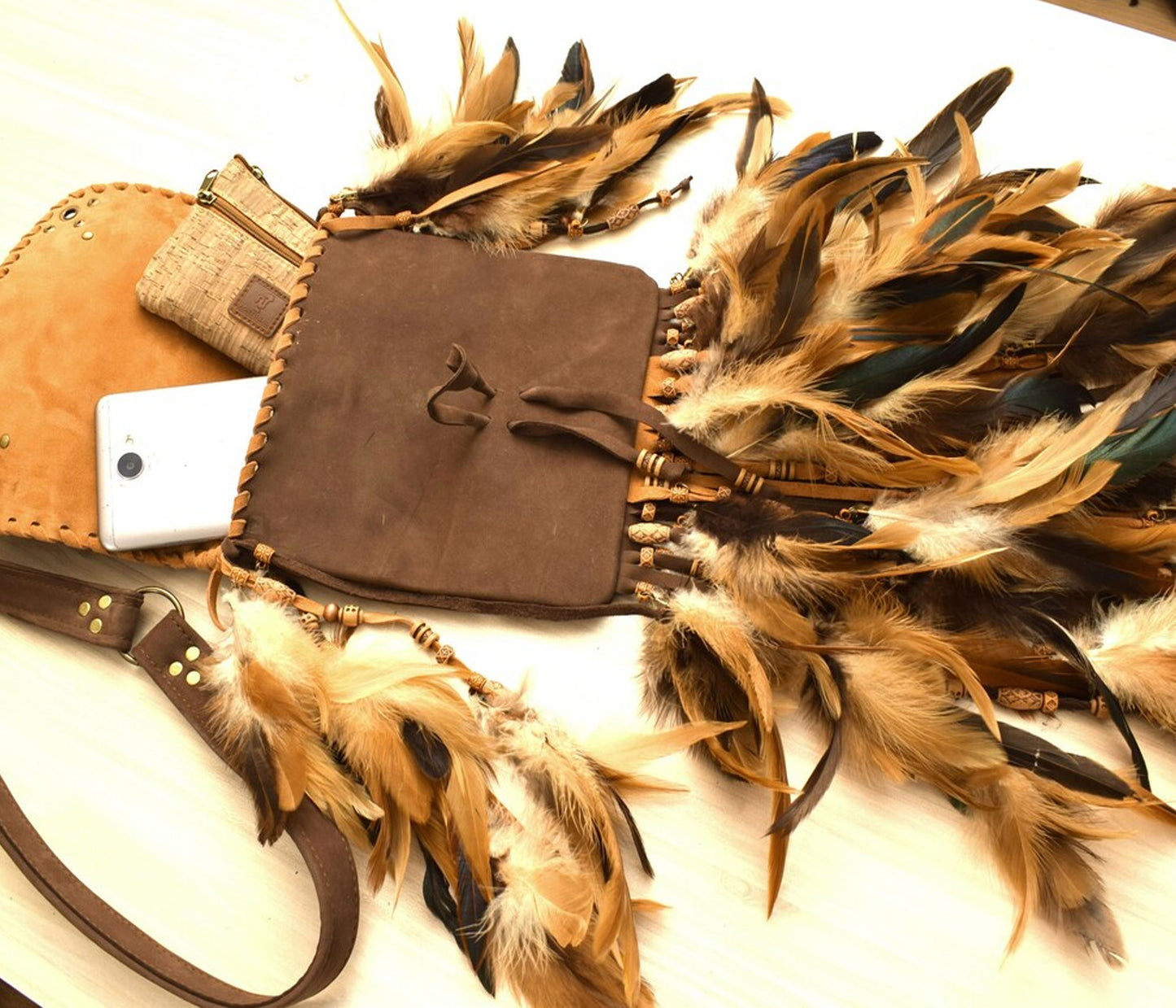 Shoulder Brown leather bag, feather fringed bag, shaman tribal hip clip bag