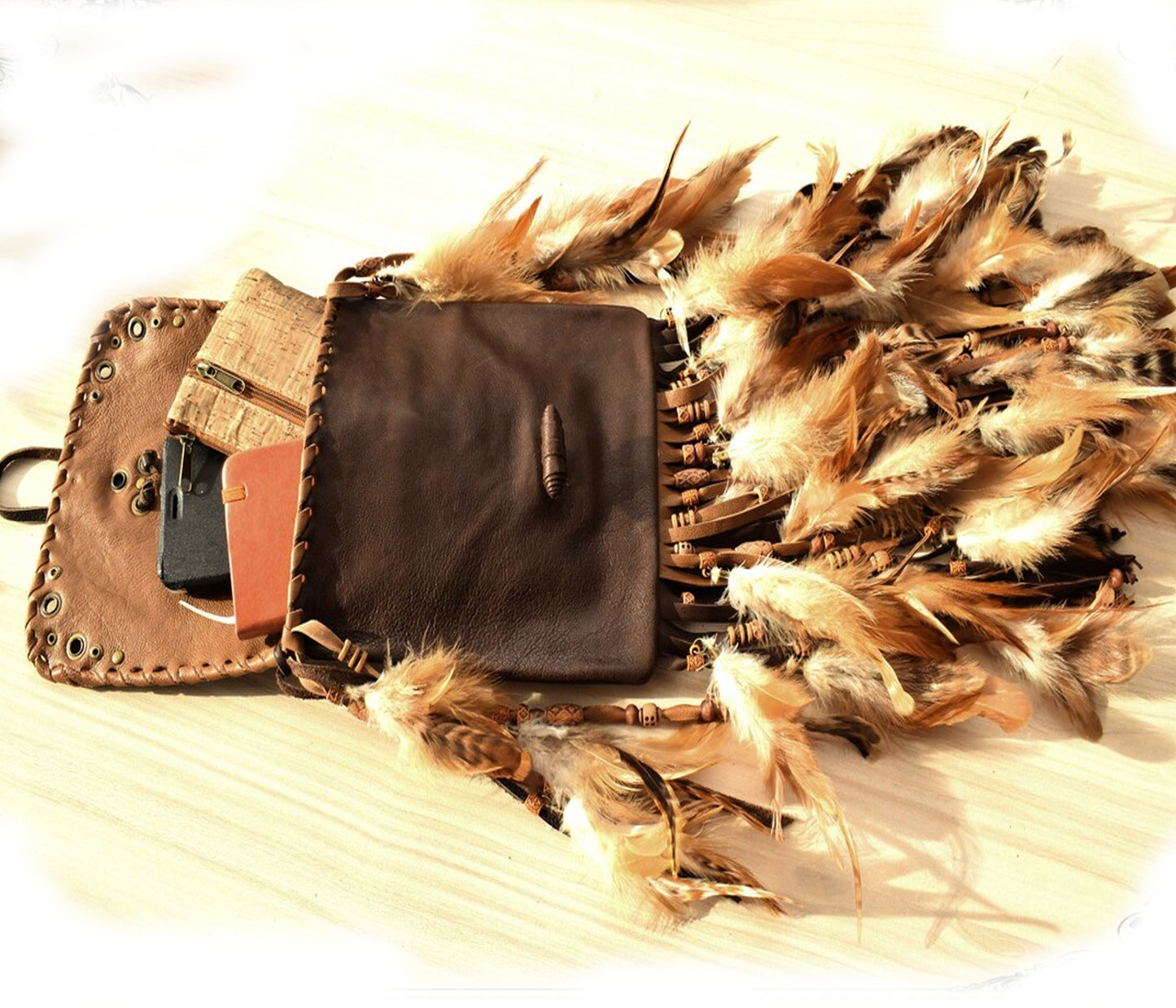 Shamanic Dark Brown leather bag, feather fringed bag, shoulder,  hip clip utility bag