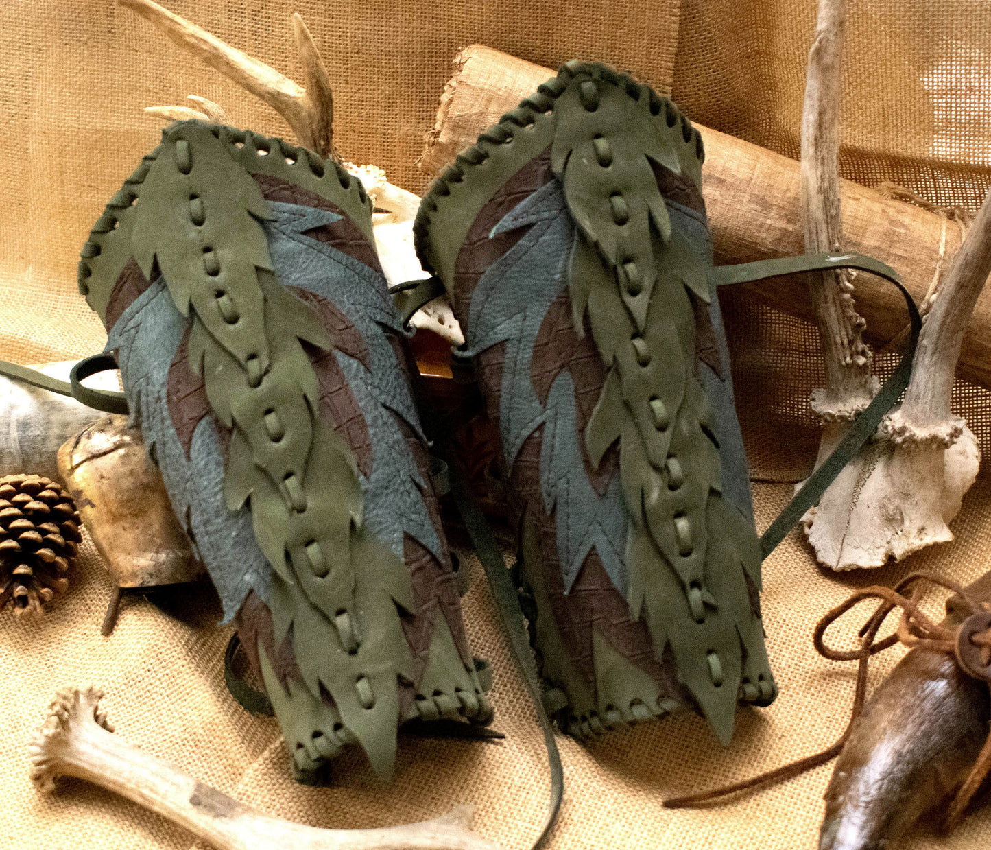 Solid Forest leaves vambraces, elf warrior Leather cuffs, wrist covers