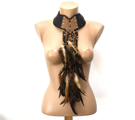 Leather Feather Fringe Choker: Festival Ethnic Collar
