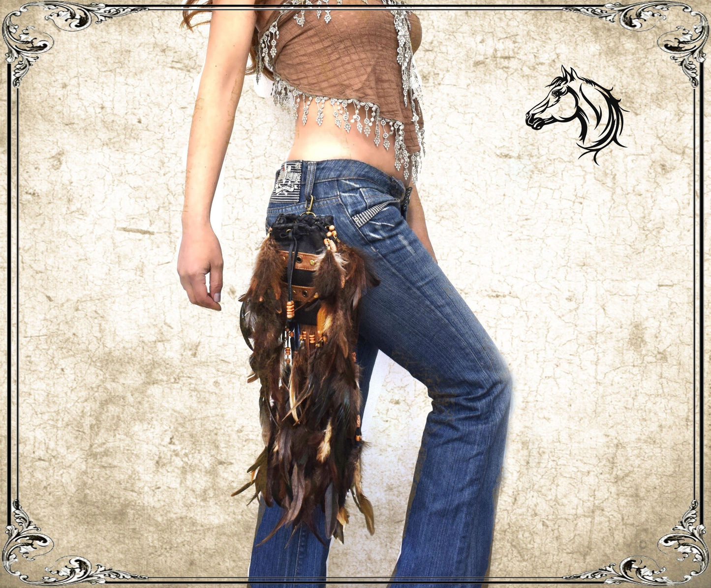 Leather Belt Pouch with Feathers: Shaman Viking Dance Bag