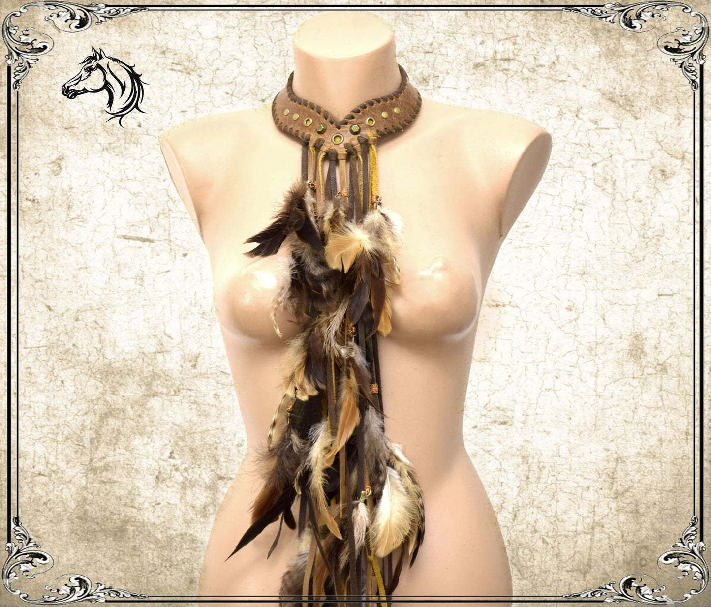 Tribal Feather Choker: Brown Leather Fringe Scarf, Viking Gorget
