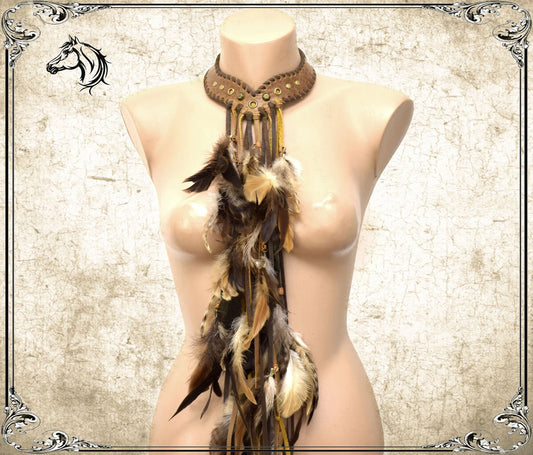 Tribal Feather Choker: Brown Leather Fringe Scarf, Viking Gorget