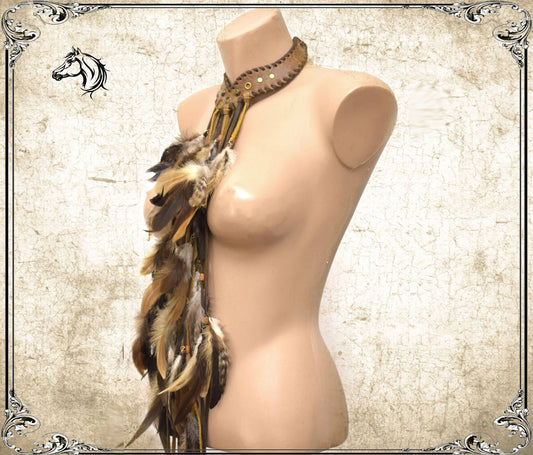 Tribal Feather Choker: Brown Leather Fringe Scarf, Viking Gorget