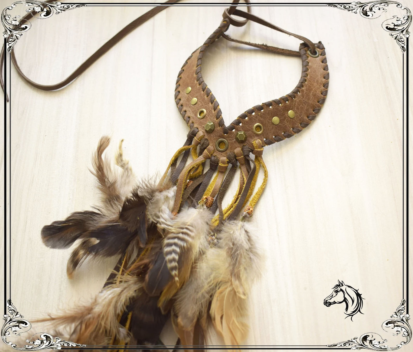 Tribal Feather Choker: Brown Leather Fringe Scarf, Viking Gorget