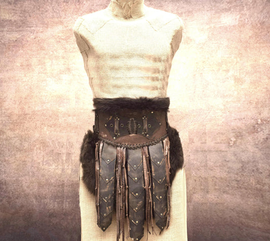 Gladiator Fur Leather Belt: Viking Battle Costume belt