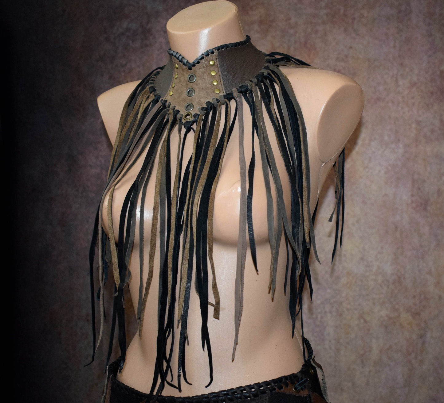 Fringed Leather Choker: Viking Warrior Gorget, Cosplay Collar