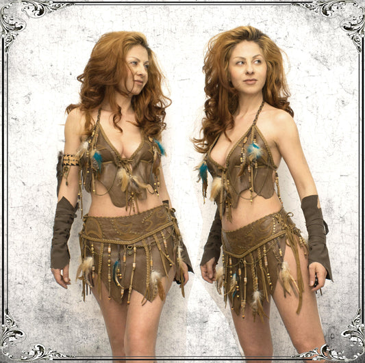 Festival Leather Outfit: Bra Top, Skirt, Arm Bands, Armlet