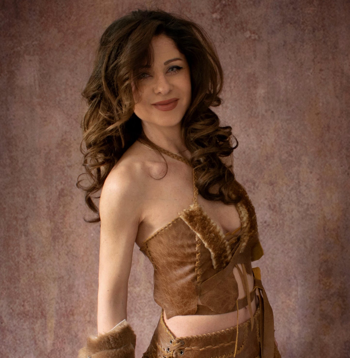 Leather & Sheepskin Fur Halter Top: Wrap-Around Braided bra top Corset