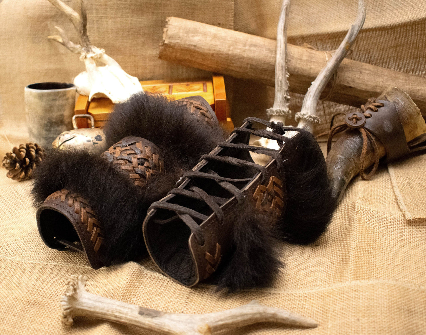Leather Fur Viking Bracers: Medieval Arm Cuffs (Pair)