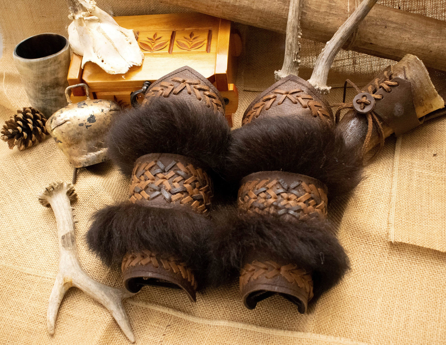Leather Fur Viking Bracers: Medieval Arm Cuffs (Pair)