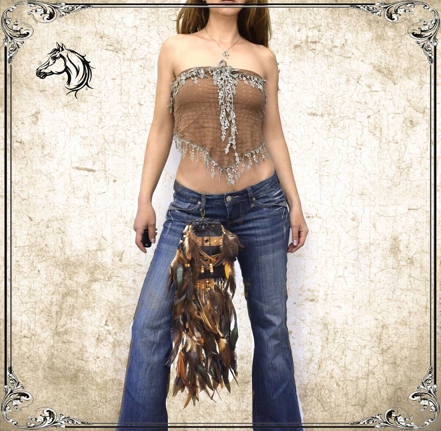 Leather Belt Pouch with Feathers: Shaman Viking Dance Bag