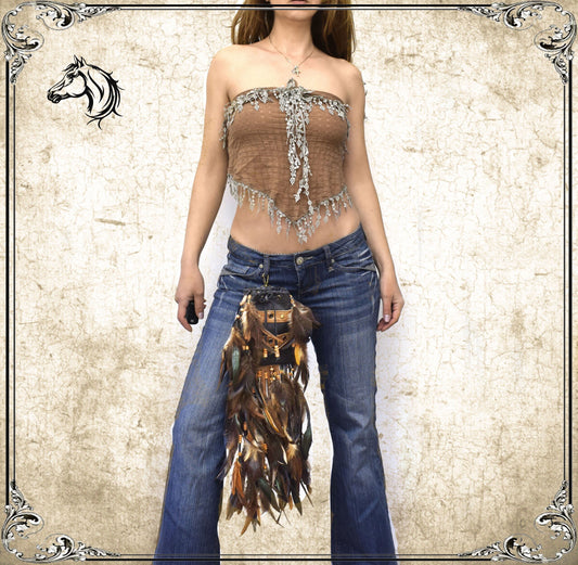 Leather Belt Pouch with Feathers: Shaman Viking Dance Bag