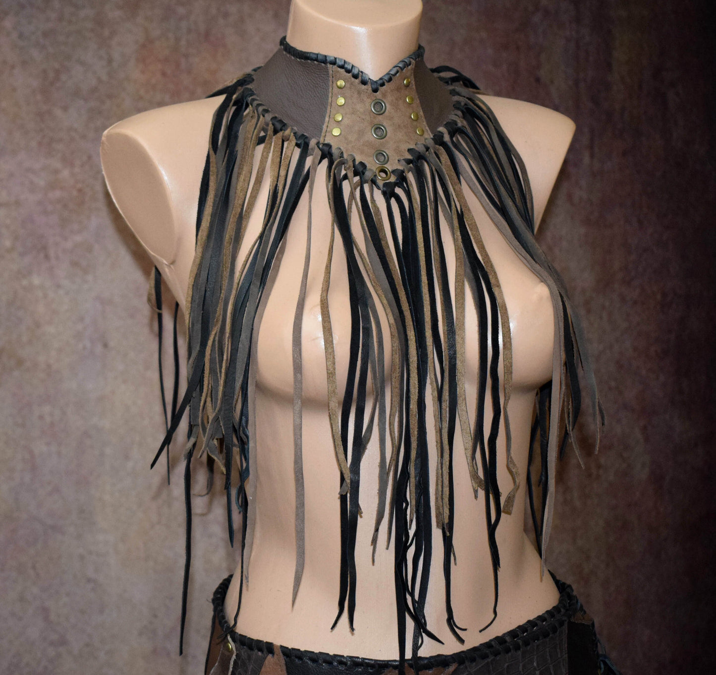 Fringed Leather Choker: Viking Warrior Gorget, Cosplay Collar