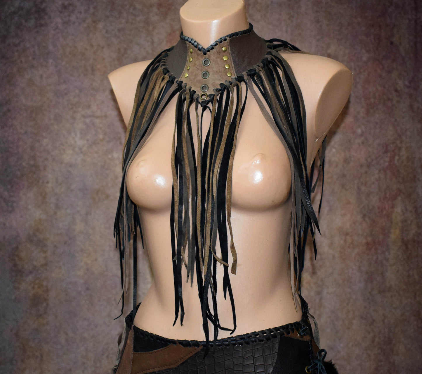 Fringed Leather Choker: Viking Warrior Gorget, Cosplay Collar