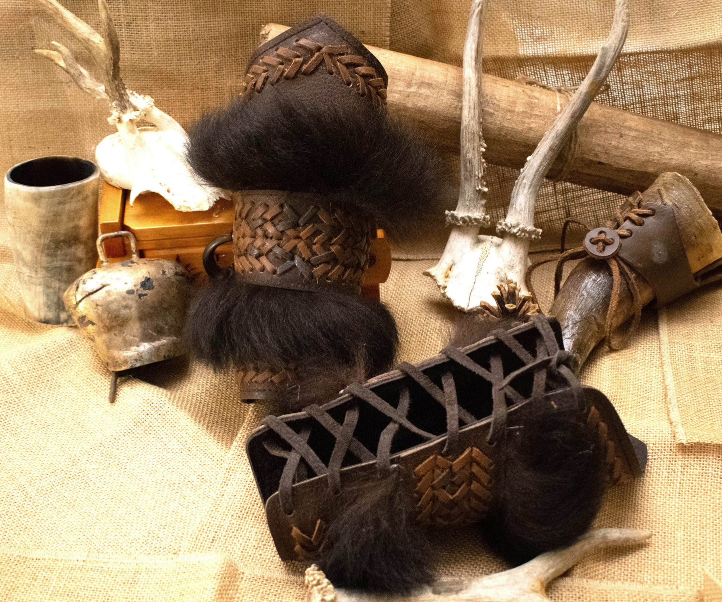 Leather Fur Viking Bracers: Medieval Arm Cuffs (Pair)