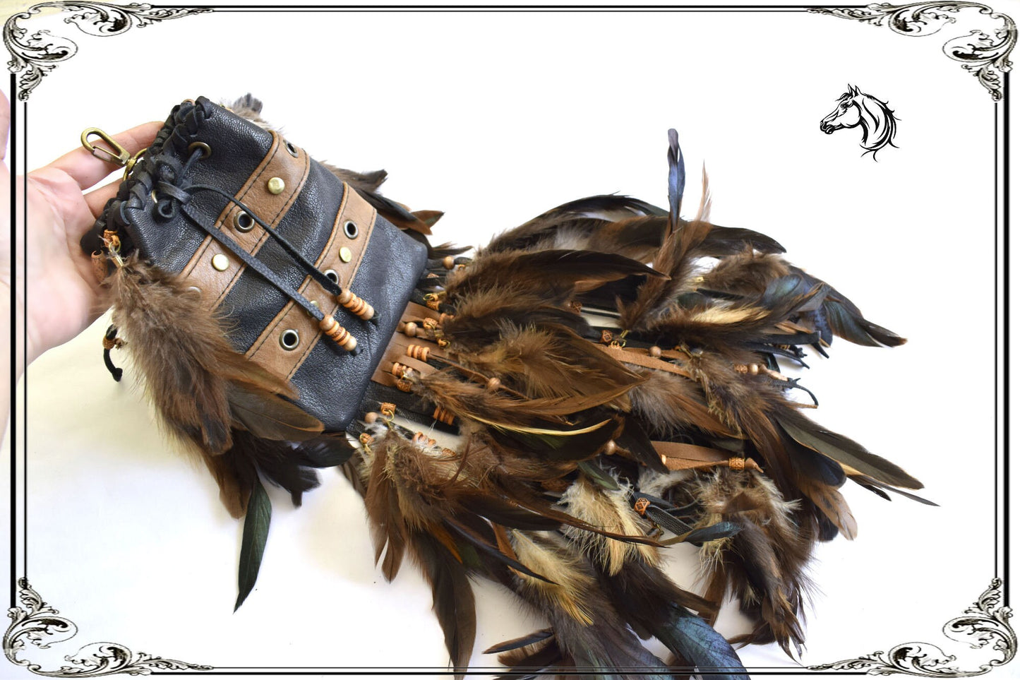 Leather Belt Pouch with Feathers: Shaman Viking Dance Bag