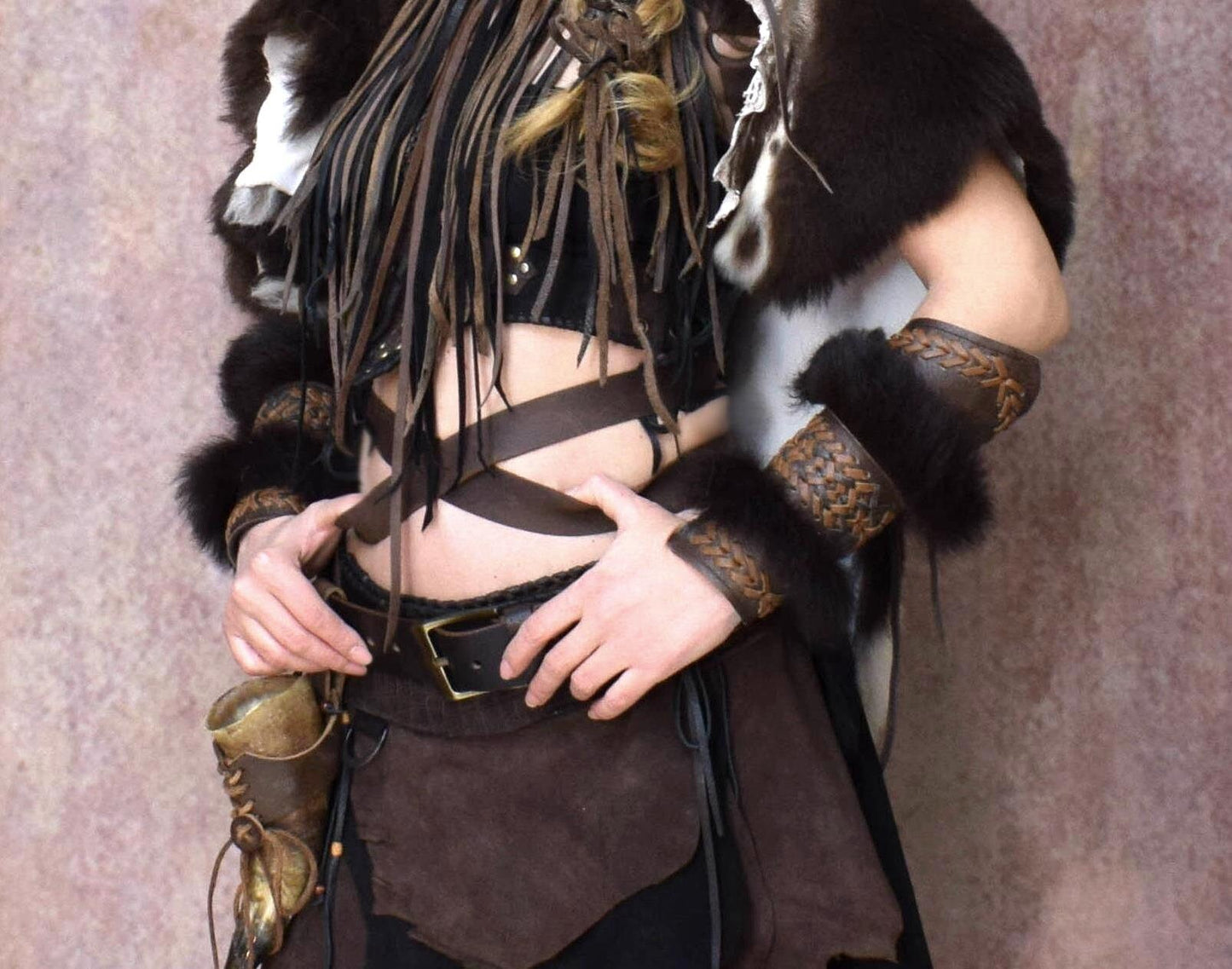 Leather Fur Viking Bracers: Medieval Arm Cuffs (Pair)