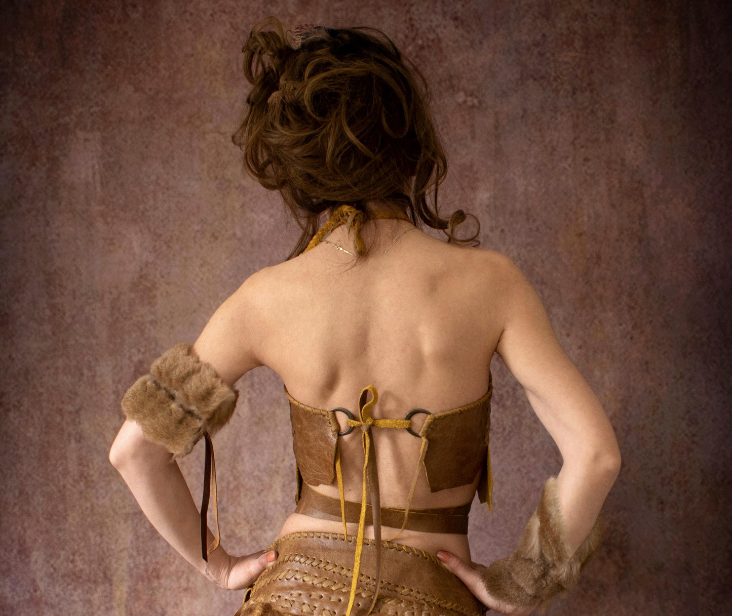 Leather & Sheepskin Fur Halter Top: Wrap-Around Braided bra top Corset