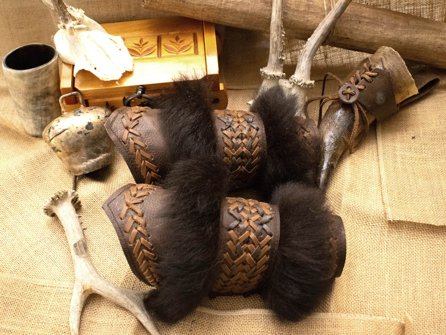 Leather Fur Viking Bracers: Medieval Arm Cuffs (Pair)