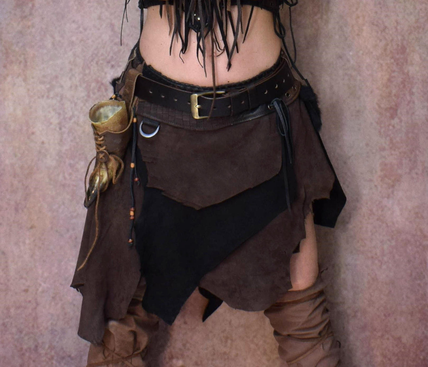 Viking leather skirt, Warrior over skirt, Woodland Fantasy fur leather skirt