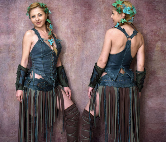Elven Woodland Festival costume, Ivy cosplay elvish skirt, green fringed skirt